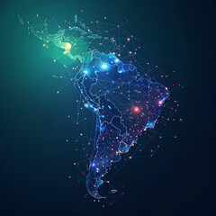 Abstract digital map of South America, South American global network concept and connectivity, data transfer and cyber technology, information exchange and telecommunications.