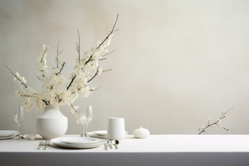 Fototapeta na wymiar Simplistic Minimalist eucalyptus table decor candles. Natural spring art frame design. Generate Ai
