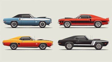 Vector set featuring muscle cars from the 1970s