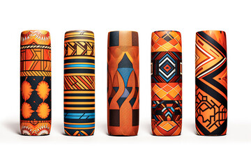 An array of fabric rolls adorned with intricate and colorful African designs