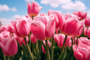 Pink Tulips close up with a bright blue sky netherlands flower backdrop screensaver field valentines day print poster