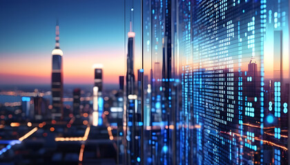 Futuristic smart city with digital binary data abstract background
