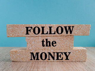 Follow the money symbol. Concept words Follow the money on beautiful brick blocks. Beautiful wooden...