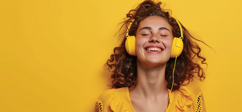 Bella mujer joven sonriente de pelo largo y rizado, posando con unos cascos amarillos y camisa del mismo color, sobre fondo amarillo
