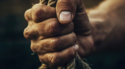 A close-up image capturing a human hand firmly gripping a rope - obrazy, fototapety, plakaty