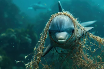 Rolgordijnen A dolphin caught in a fishing net. © Bargais