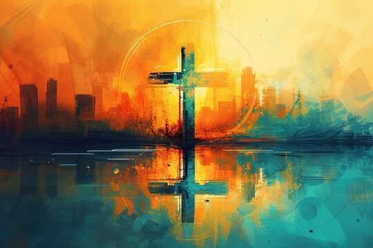 Painting of christian cross at sunset, cityscape.
