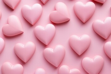 Minimalistic hearts pastel pink. Multiple glossy little hearts on pink surface. Generate ai