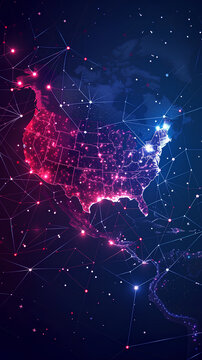 Abstract digital map of the Americas, American global network concept and connectivity, data transfer and cyber technology, information exchange and telecommunications. EE.UU.