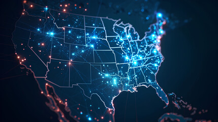 Abstract digital map of the Americas, American global network concept and connectivity, data transfer and cyber technology, information exchange and telecommunications. EE.UU.