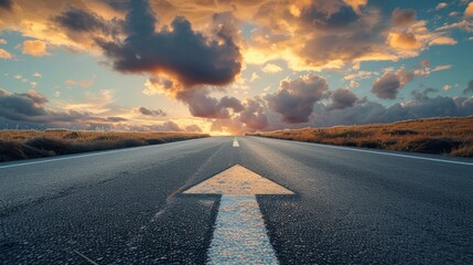 A conceptual image featuring an asphalt road with a direction arrow, symbolizing the idea of choosing a path or direction - obrazy, fototapety, plakaty