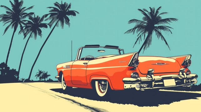Retro clip art depicting a convertible cruising scene