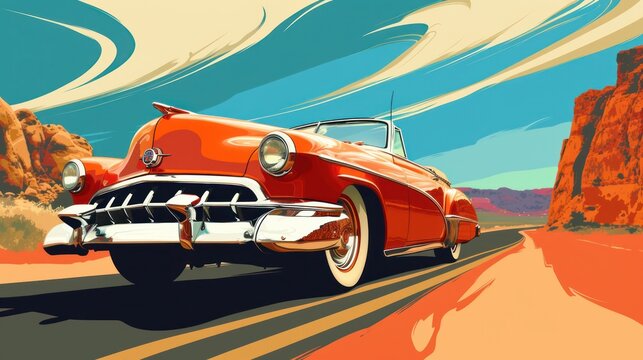 Retro clip art depicting a convertible cruising scene