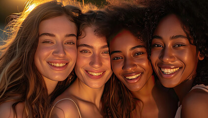 Fototapeta premium stunning women radiating natural beauty and flaunting smooth, glowing skin. This portrait captures numerous appealing female fashion models showcasing impeccable skincare, representing diverse races