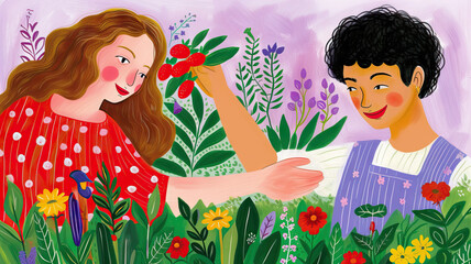 Community Garden Project: A Diverse Team, including an Indian Woman and a Latino Man, Collaborating on a Community Garden Project, Growing Organic Vegetables and Flowers. Gouache Illustration.
