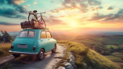A cute little retro car, with suitcases and a bicycle on top, travels along a picturesque countryside road at sunset