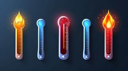 A set of thermometer icons depicting different temperatures, ranging from cold to hot, represented in vector graphics - obrazy, fototapety, plakaty