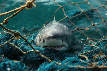 A shark caught in a fishing net.