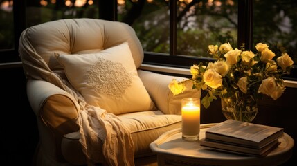 Elegant armchair with a soft throw and romantic candlelight sets a relaxed and intimate scene