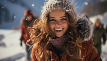 Smiling young woman in winter, enjoying outdoors with happiness generated by AI