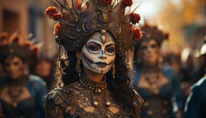 Young women in traditional clothing celebrate a colorful cultural parade generated by AI