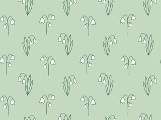 Cute Doodle Snowdrops. Seamless pattern. Spring botanical hand drawn Green background. Outline seasonal Flower pattern for fabric, wallpaper, cover art