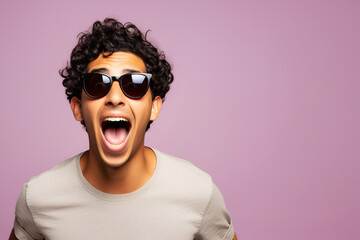cool honed model joy happy success yes portrait adult male photogenic hispanic boy Young handsome man wearing sunglasses isolated background afraid shocked surprise expression fear excited face