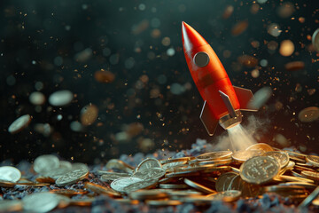 Rocket flying over money, concept of rapid earnings and income - obrazy, fototapety, plakaty