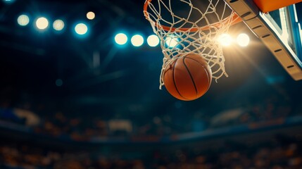 A skilled basketball player gracefully maneuvers the ball through the net in an intense indoor game, showcasing their athletic prowess and love for the sport