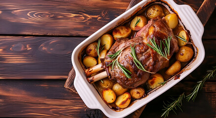 Roasted Lamb with potatoes and rosemary in baking dish