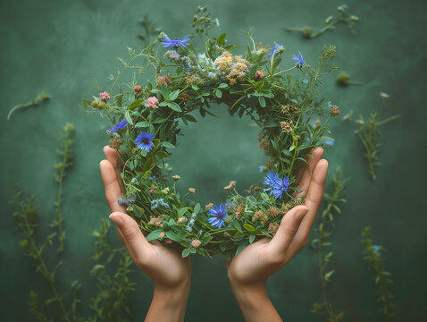 Hands holding a wreath of wild flowers and herbs, on green background. Floral decoration for midsummer celebration, summer solstice. Scandinavian tradition. From above, top view.