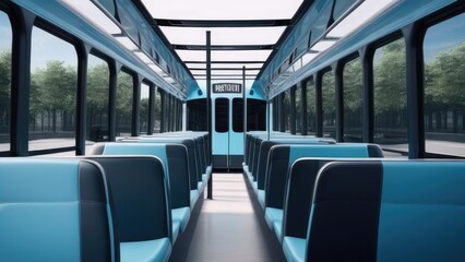 Interior of a Bus with Blue Seats. Concept of Travel and Transportation. Bus tour. Generative AI