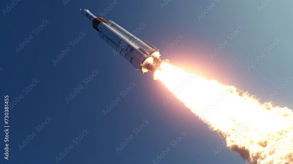 Poster amidst a clear blue sky, a powerful rocket propels into the air, leaving behind a trail of smoke as 