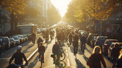 A bustling city street filled with a diverse group of people joyfully riding their bicycles, the spinning wheels creating a vibrant and lively atmosphere amidst the busy traffic
