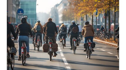 A diverse group of individuals clad in vibrant clothing ride their road bicycles through the bustling city streets, their wheels spinning in perfect unison as they enjoy the freedom and exhilaration  - obrazy, fototapety, plakaty
