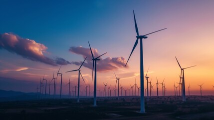 Amidst a picturesque landscape, towering windmills harness the power of the wind, creating a mesmerizing scene of sustainability and progress under the ever-changing sky