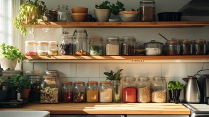 Fototapeta na wymiar A vibrant kitchen shelf adorned with a variety of full jars, small appliances, and houseplants, adding a touch of warmth and life to the cozy cabinetry and countertop