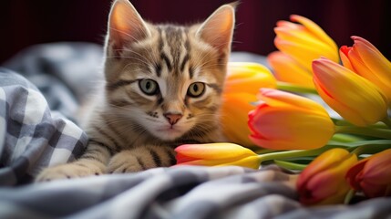 A cute fluffy cat is lying on a blanket next to tulips. Greeting card for Women's Day, Valentine's Day.