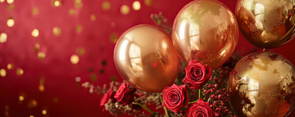 Obraz na płótnie Canvas Congratulations banner: red roses and golden glossy balloons on a blurred red background with golden confetti