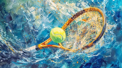A vibrant aqua painting captures the energy and movement of a tennis match, with a striking racket and ball at its center