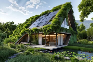 Amidst a serene landscape, a charming cottage with a vibrant green roof sits beside a crystal-clear pool, surrounded by lush plants and towering trees, under a picturesque sky dotted with fluffy clou
