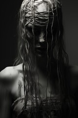 Horror woman emerging from the shadows, giving off a haunting vibe.