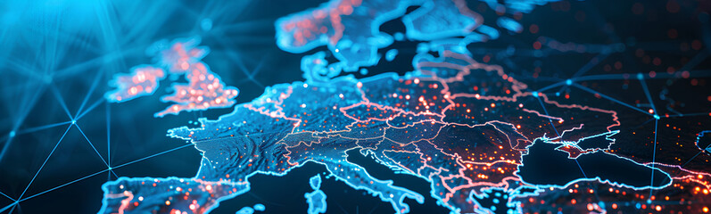Abstract digital map of Western Europe, European global network concept and connectivity, data transfer and cyber technology, information exchange and telecommunications.