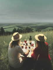 Two young women sitting at the picnic table with food and drinks, talking and looking at the vast rural landscape. Summer solstice, midsummer celebration theme.
