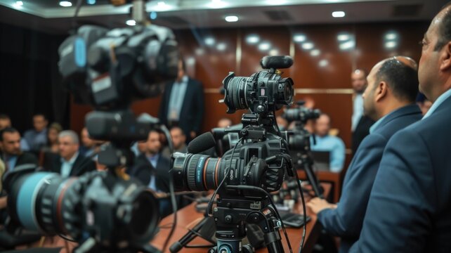 A press conference announcing preliminary election results, with journalists asking questions, reflecting the role of media in the electoral process