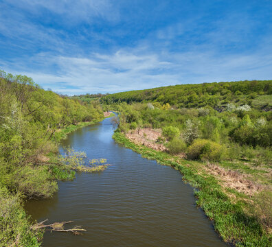 Amazing spring view on the Zbruch River, Ternopil and Khmelnytsky regions border, Ukraine.