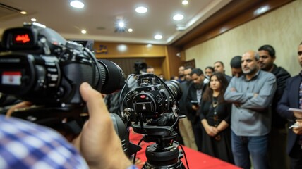 A press conference announcing preliminary election results, with journalists asking questions, reflecting the role of media in the electoral process - obrazy, fototapety, plakaty