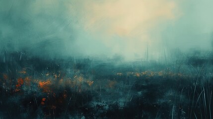 Painting of a misty meadow.