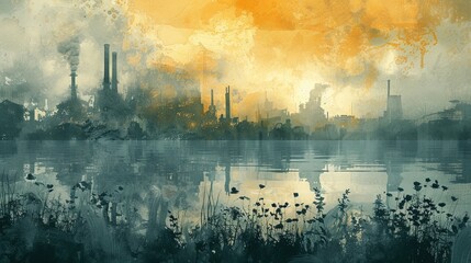 Painting of a misty landscape and industrial buildings. - obrazy, fototapety, plakaty
