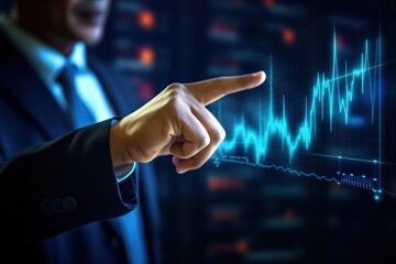 Executive Reviewing Market Fluctuations on Interactive Graph, An executive's finger traces the volatile lines of a dynamic market fluctuation graph on an interactive display - obrazy, fototapety, plakaty
